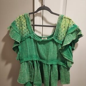BiBi Green Eyelet Ruffle Blouse